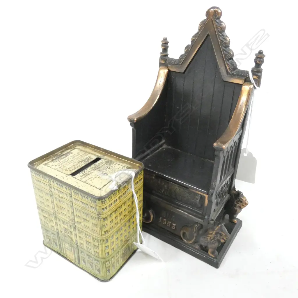 2 OLD MONEY BOXES; 1 TIN COMMONWEALTH SAVING BANK (80X55X90) SOME RUST & CAST IRON 1953 CORONATION THRONE Image 1++